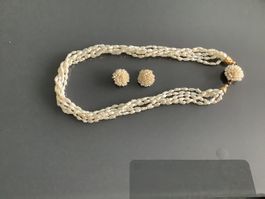 Elegantes Perlen-Set: Halskette und Ohrclips, vintage Style