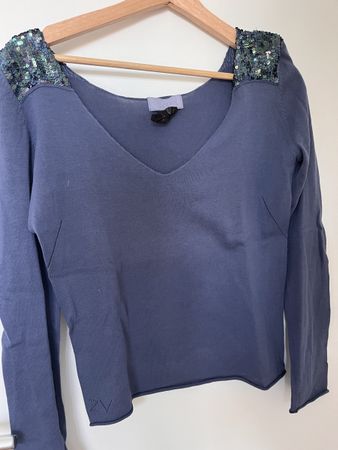 Pull léger femme paillettes épaules bleu taille S
