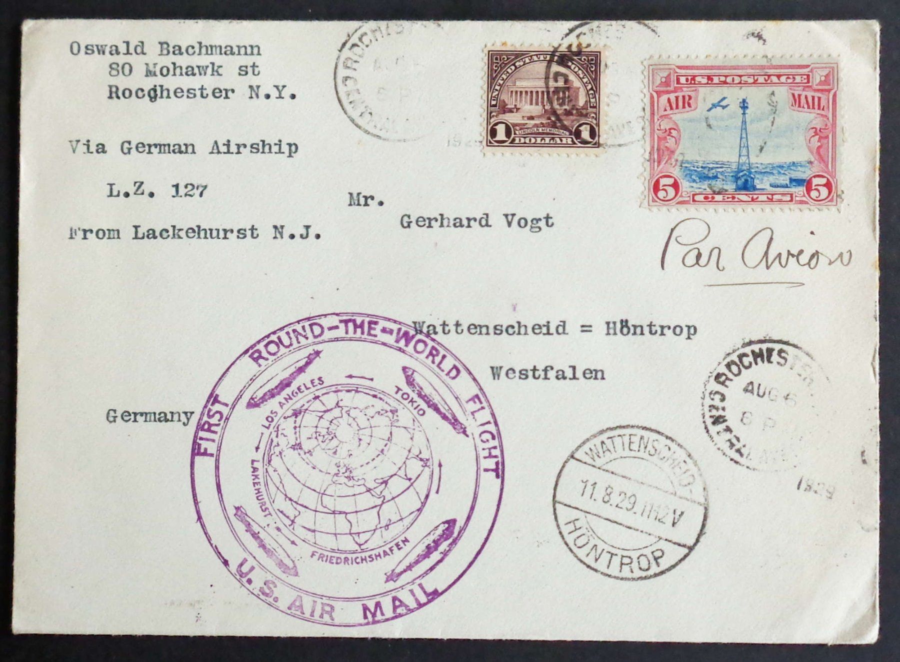Alle Briefmarken: USA 1929: Zeppelin, First Round-the-World Flight – Gebraucht aus Le Locle von timbrettino