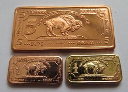 5g Kupferbarren und 2x 1g Kupfer + Messing Barren Bison USA
