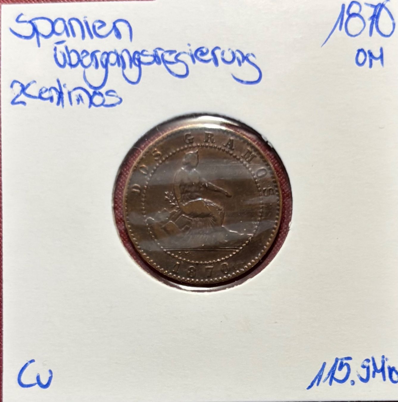 Tutti le monete: Übergangsregierung Spanien 2 Cent. 1870 – Usato da Speicher venduto da CH-Schatzkammer 2