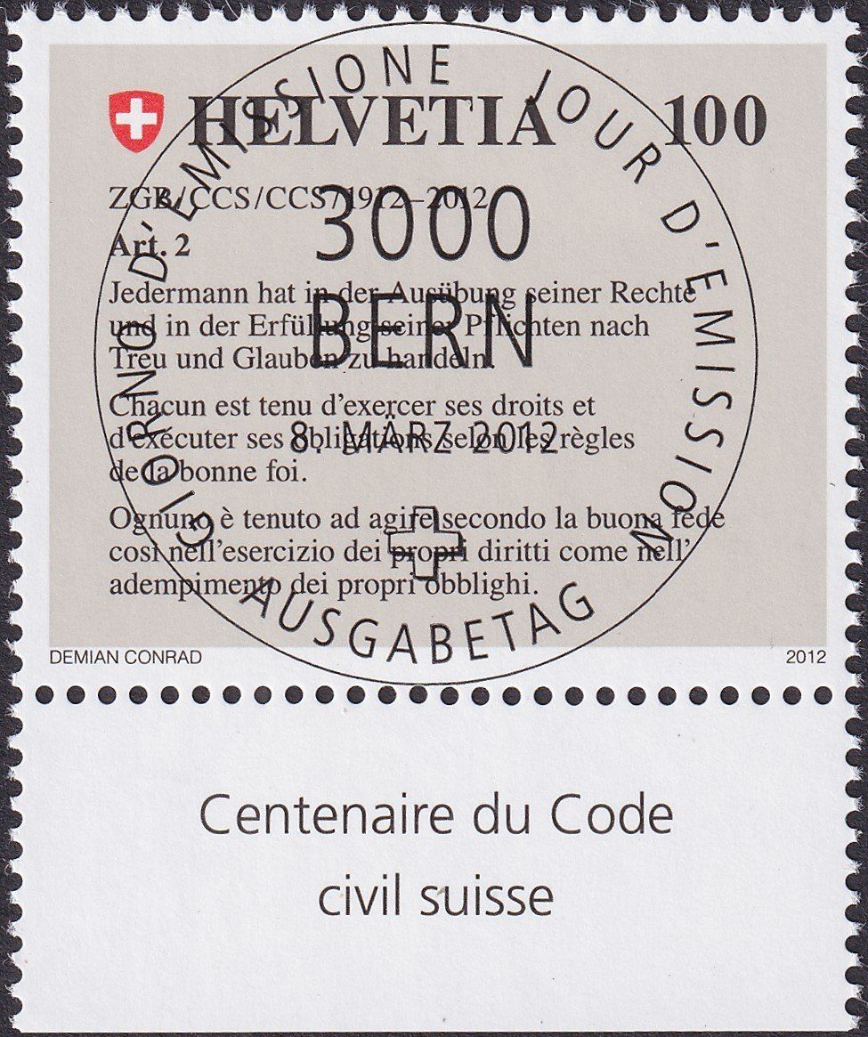 Tutti i francobolli: 2012, Nr.1422 "Zivilgesetzbuch" mit ET-Voll-Stempel +TABS. – Usato da Sursee venduto da Luzernerraute