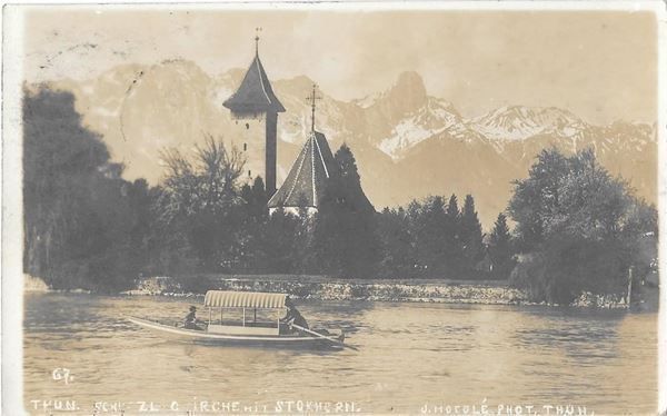 Cartoline postali: Thun Scherzligen Kirche mit Boot – Usato da Olten venduto da clotaldi