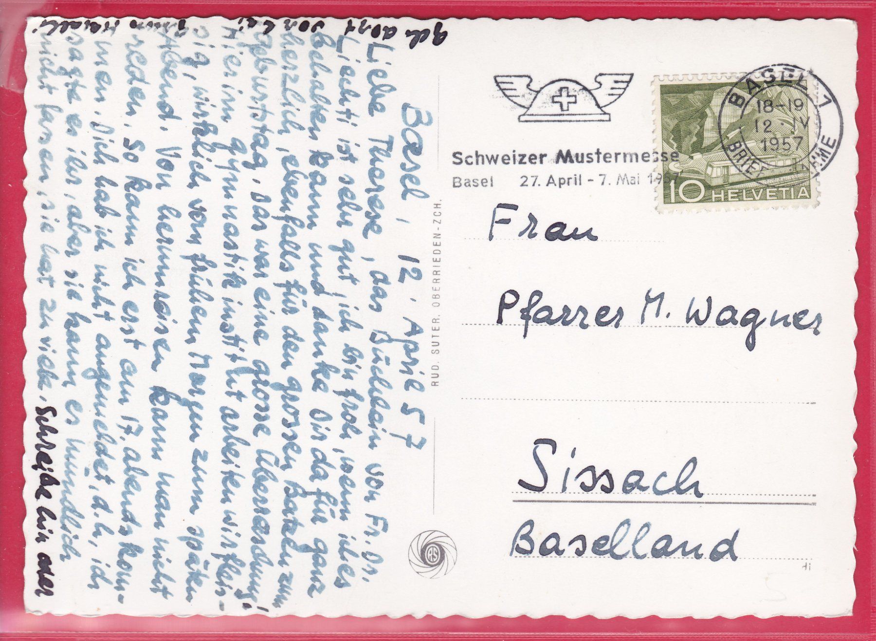 Cartoline postali: BASEL, SPALENTOR, 12.4.1957 – Usato da Oberrieden venduto da Gebirgsstelze 1