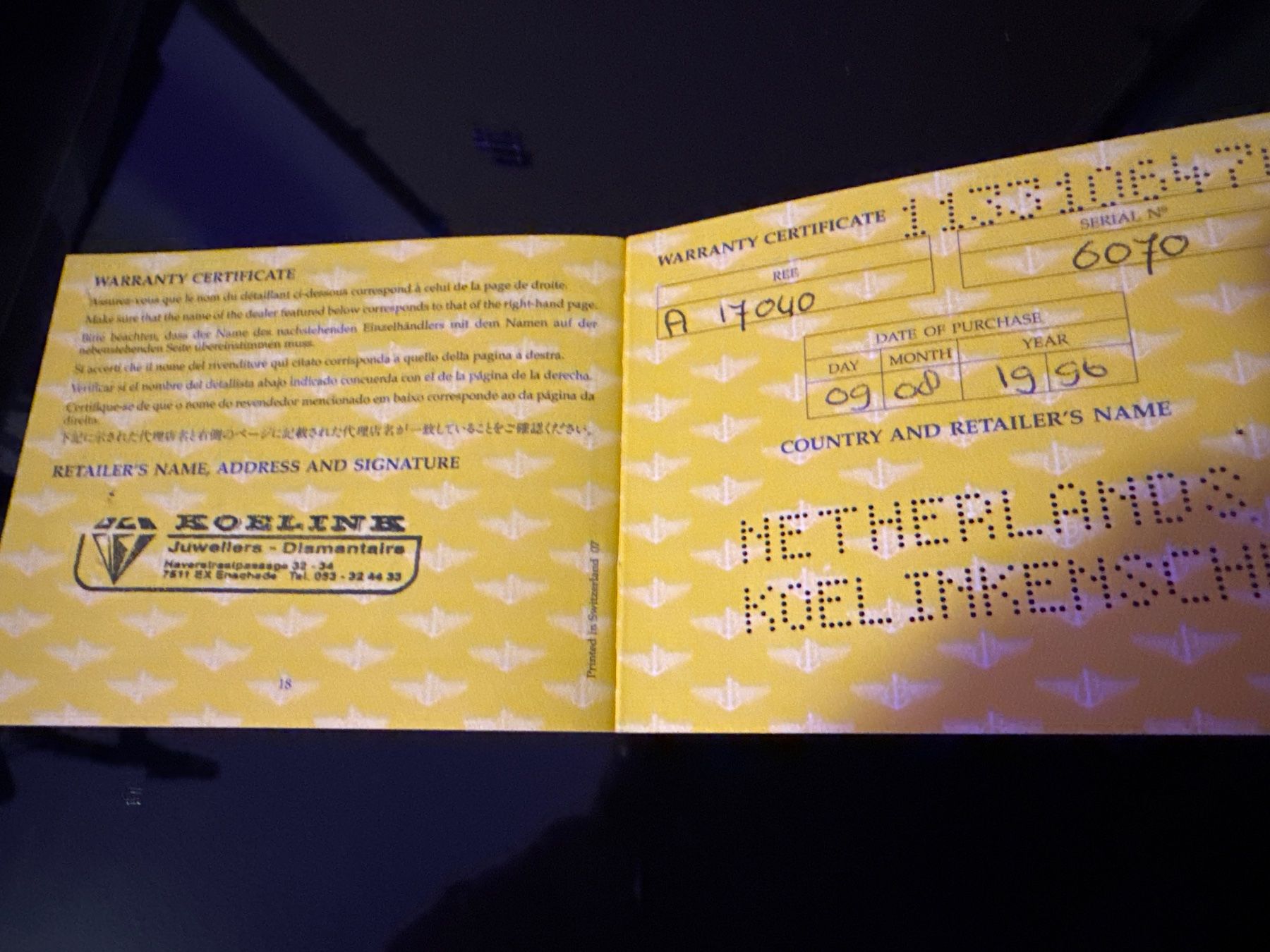 Breitling Orologi: Breitling Warranty Manual aus 1996 – Usato da Rüti ZH venduto da Oldexplorer