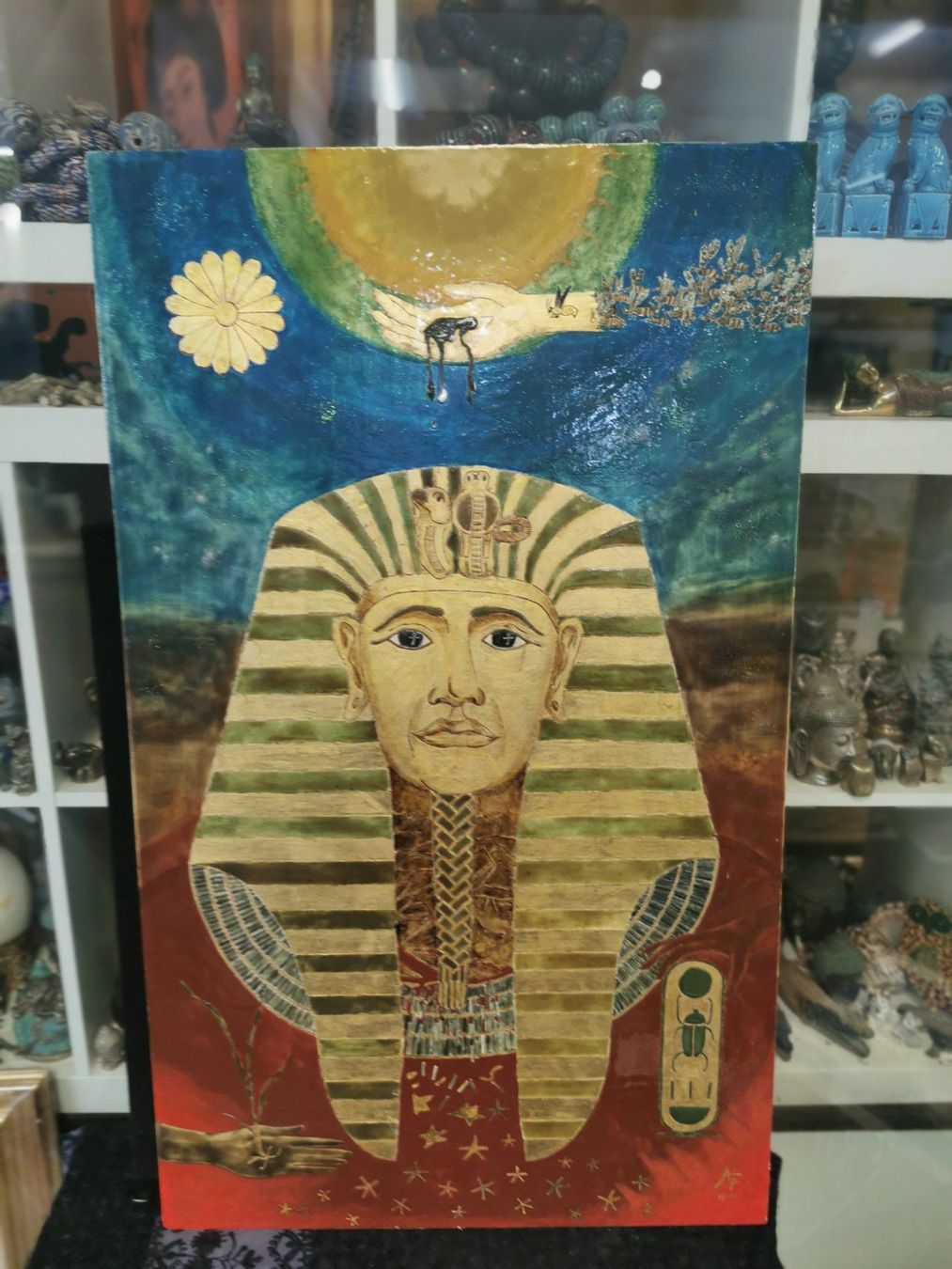 Dipinti: TABLEAU EXCEPTIONNEL TOUTANKHAMON TECHNIQUE MIXTE signé daté – Usato da Genève venduto da Qanil77
