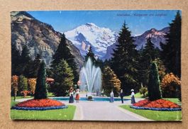 Interlaken, alte AK, Jungfrau und Kurgarten, Jet d'eau