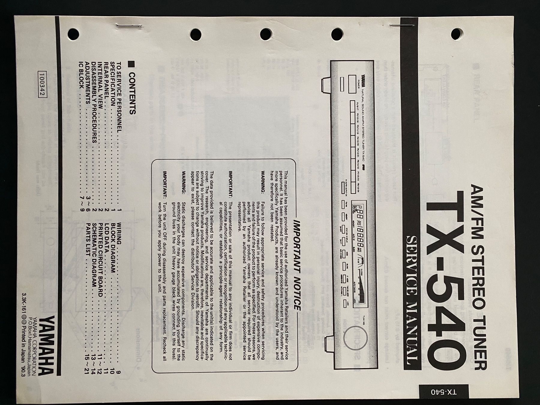 Yamaha Radio: Servicemanual YAMAHA TX-540 Tuner – Usato da Erlenbach ZH venduto da Leaford