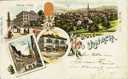 1899: Edelweiss-Litho "Gruss aus Uznach" mit 3 Ansicht