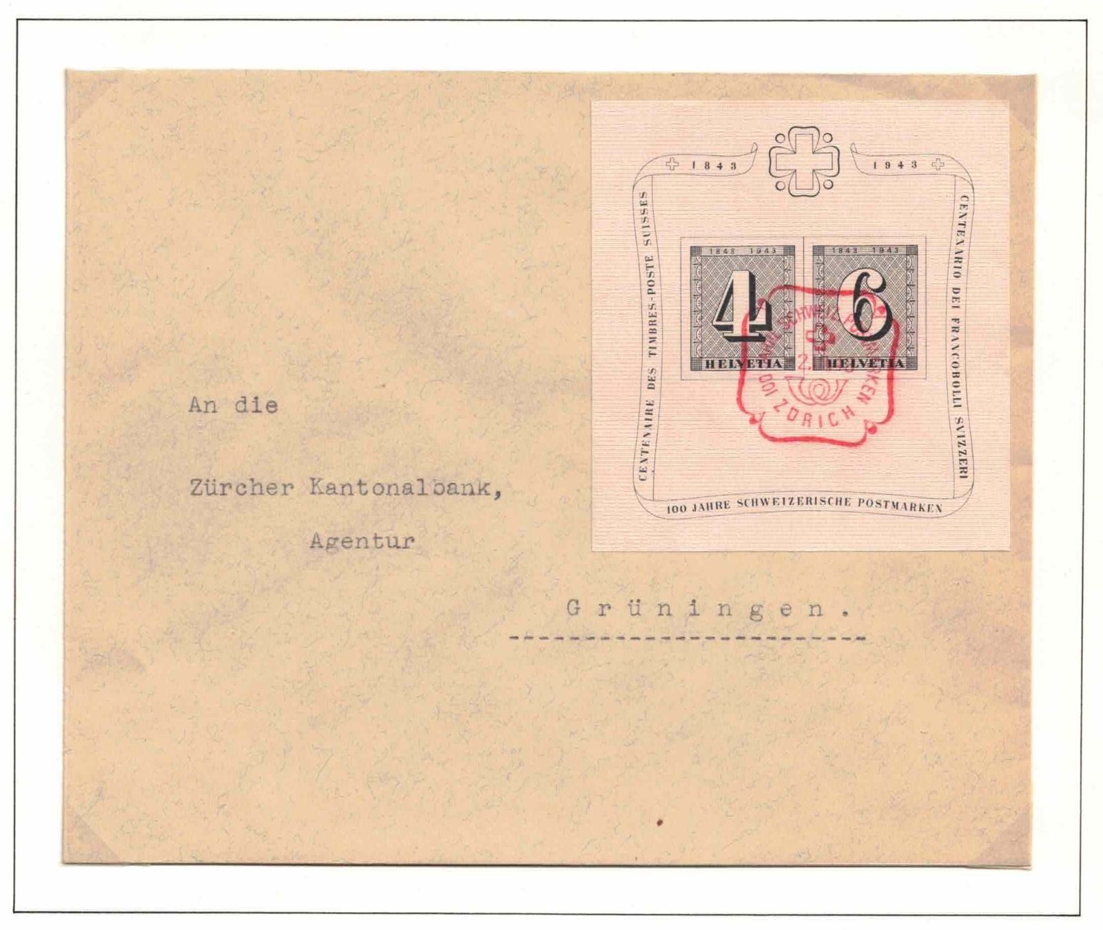 Alle Briefmarken: 1943 ZH-Block W14 auf Brief – Neu (gemäss Beschreibung) aus Nuglar von Stamp88