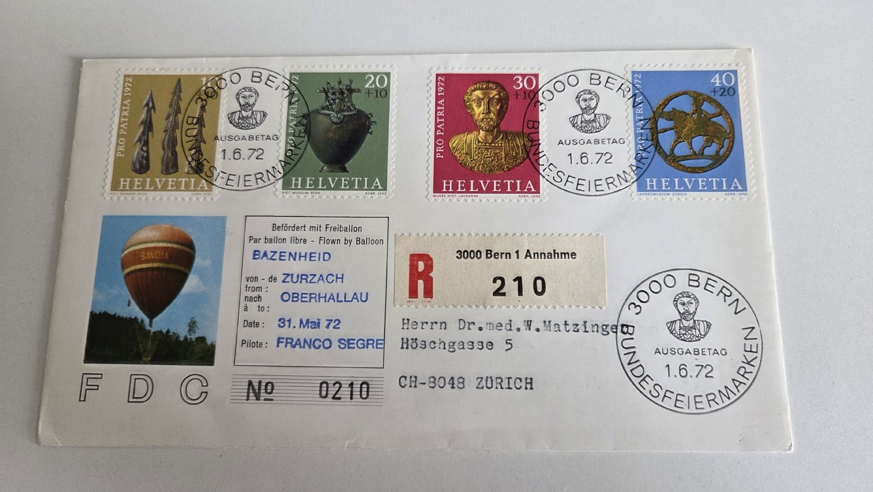 Tutti i francobolli: 1972 FDC Pro Patria mit Ballonpost – Usato da Arni AG venduto da Moth68