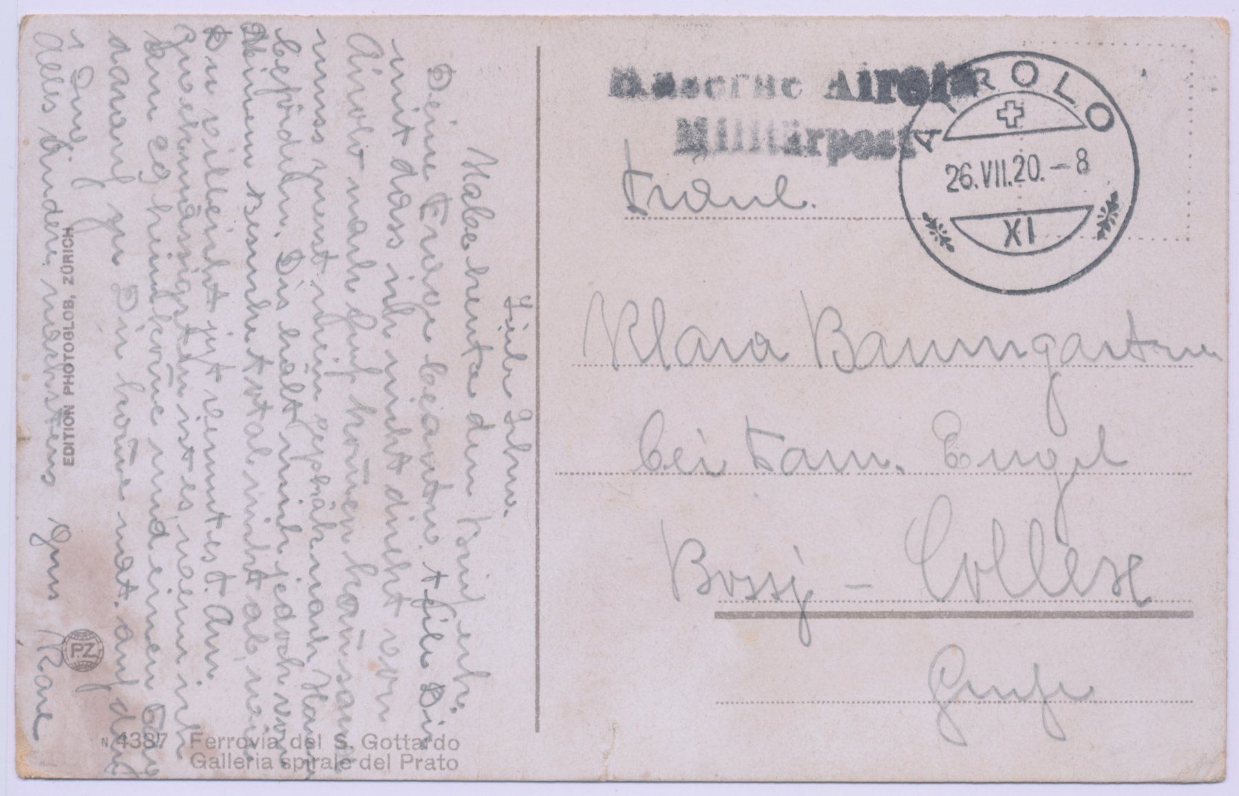 Cartoline postali: Zug Gotthard Airolo 1920 – Usato da Lützelflüh-Goldbach venduto da blauerkranich 1