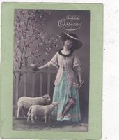 Kitsch Ostern Frau Schafe 1913