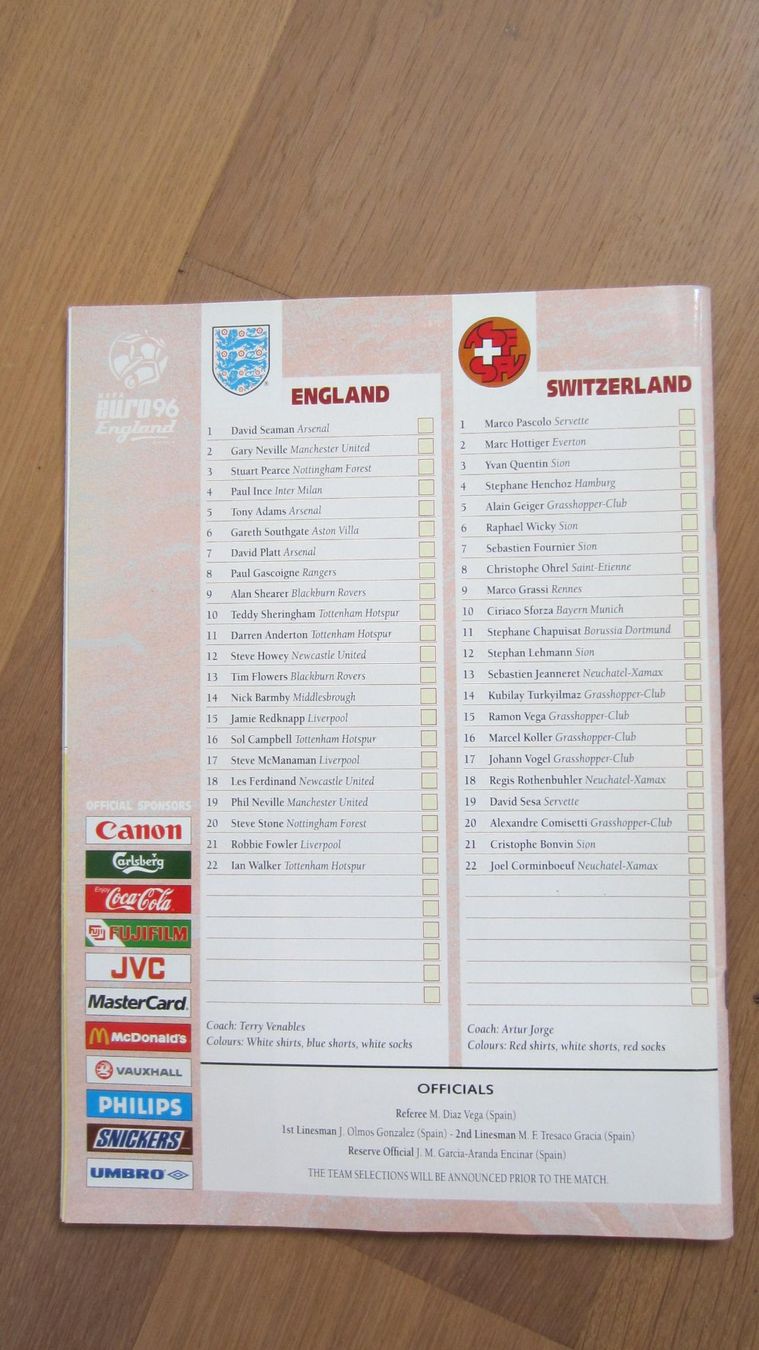 Documenti: Fussball EM Eröffungsspiel 1996, ENG-SUI, Original Programm – Usato da Thalwil venduto da Arrow 1
