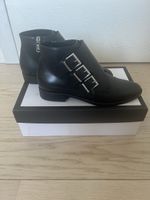 Sebastian Black Leather Ankle Boots Buckles, Size 37