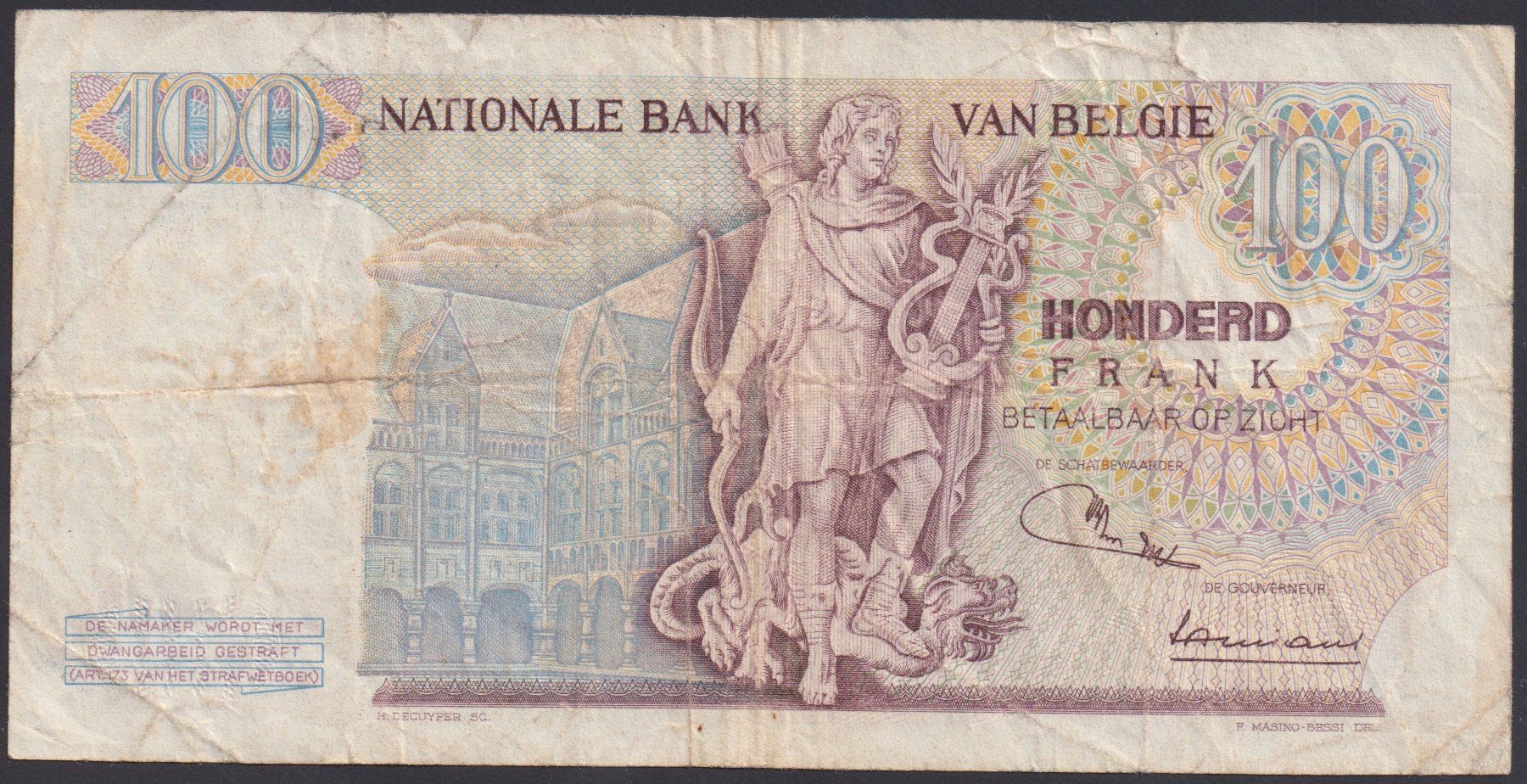 Banconote: Belgien 100 Francs 1970 – Usato da Brugg AG venduto da banknoten_muesli 1