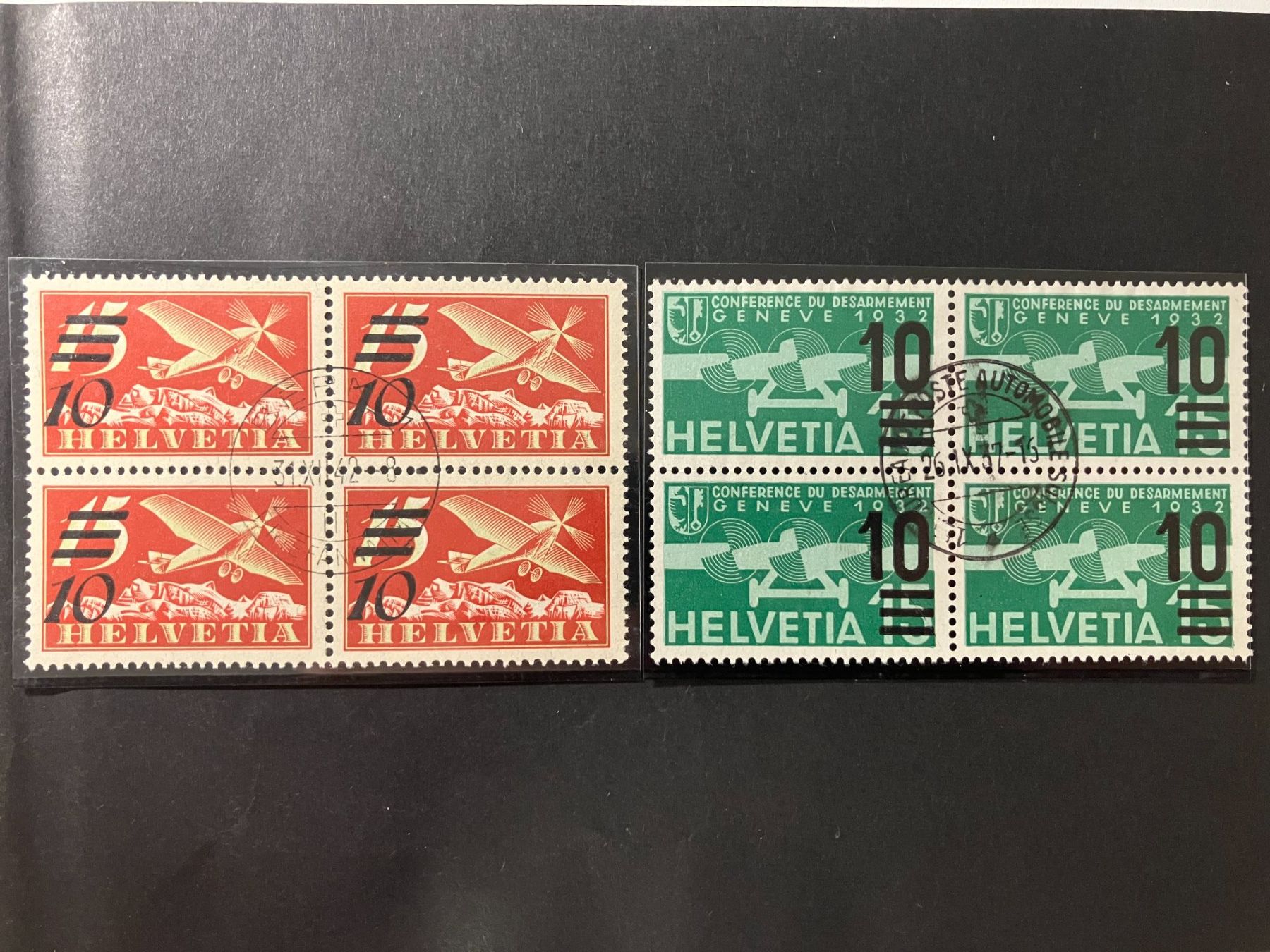 Alle Briefmarken: Flugpost 1935, Kat. 19+20, Viererblöcke, KP 290.-- – Gebraucht aus Würenlos von Eulenpostuhu