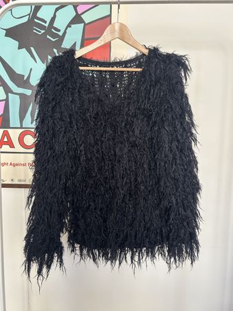 Damen Strickjacke Schwarz Kunstfell Grösse S