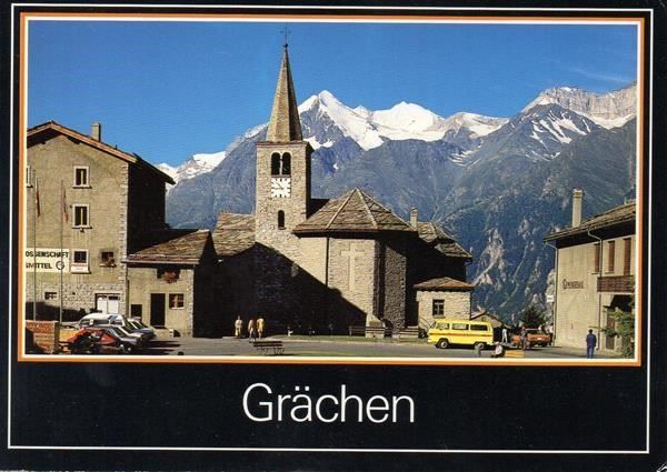 Ansichtskarten: GRÄCHEN Kirche, Gemeindesaal, Migros, Auto, Bus – Gebraucht aus Jona von philajona