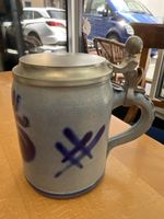 Antiker Bierkrug mit Zinndeckel, blau-grau, 12cm Höchst 