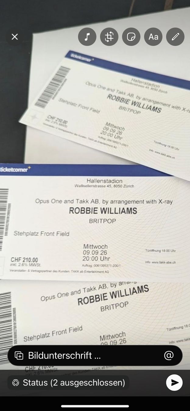 Biglietti: Robbie Williams Stehplatz Front Field 09.09.26 – Nuovo e nell'imballaggio originale da Brienzwiler venduto da chr_25js