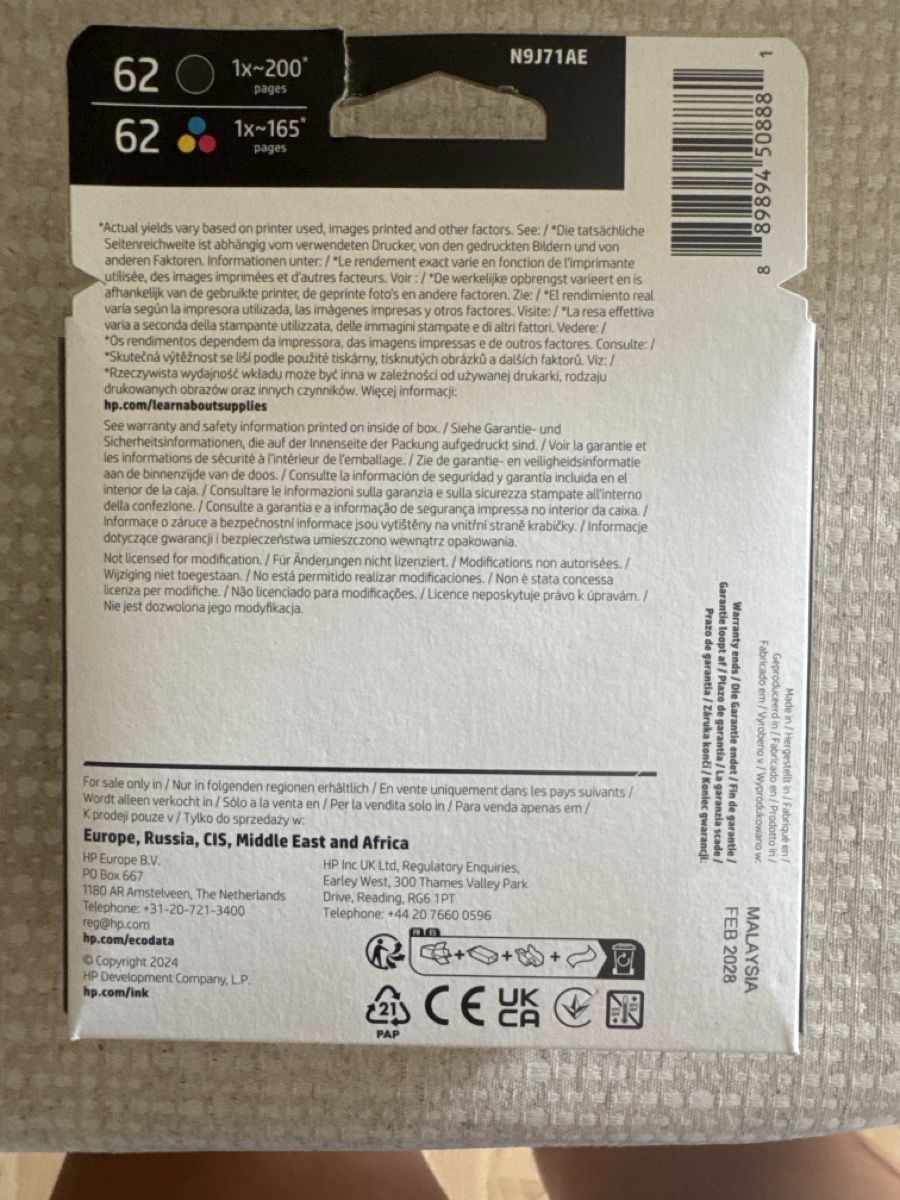 Hewlett Packard Cartucce per stampanti & toner: Cartucce Originali HP 62 2-pack Black/Tri-colour – Nuovo e nell'imballaggio originale da Jona venduto da api_vd98 1