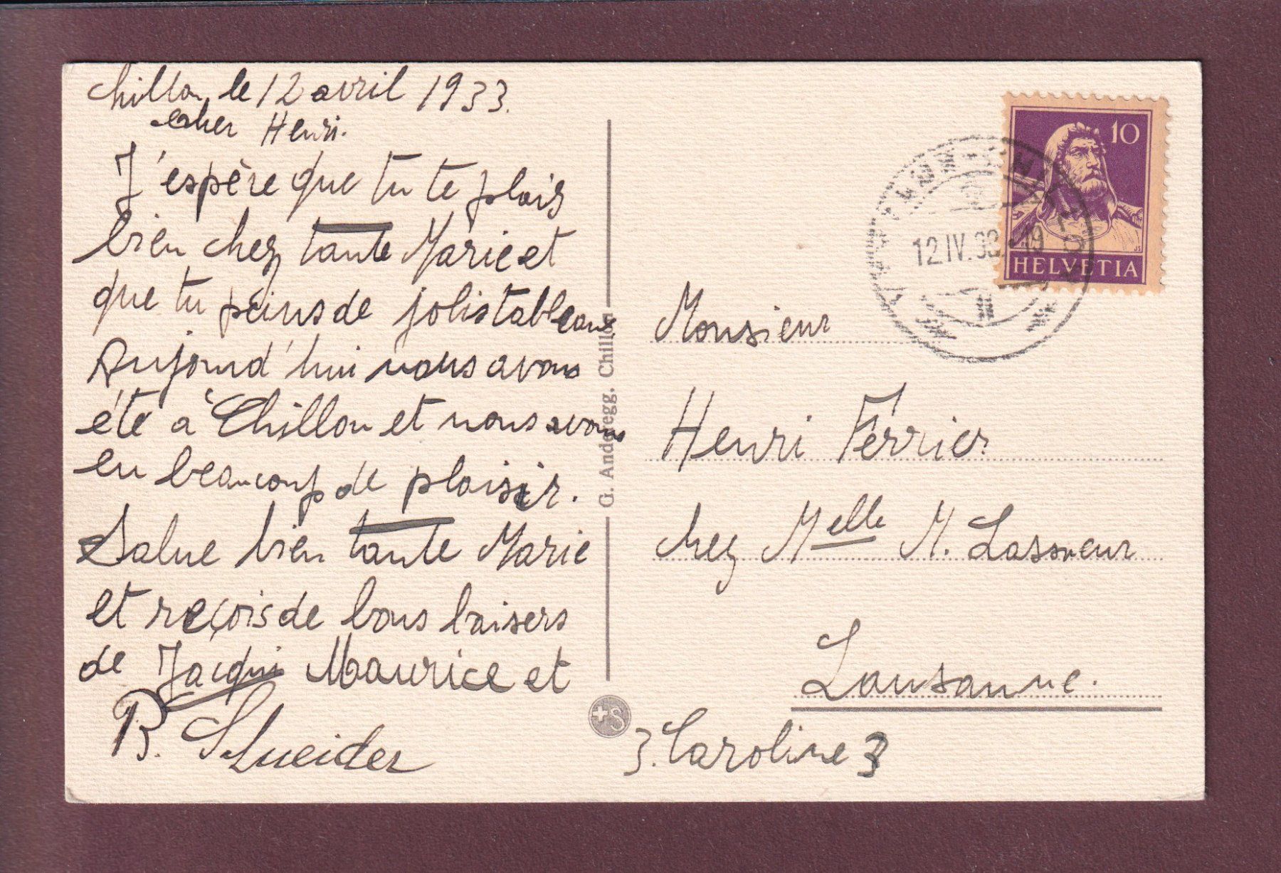 Cartoline postali: CHILLON - Salle des Fêtes - 1933 – Usato da Pully venduto da nicecards 1