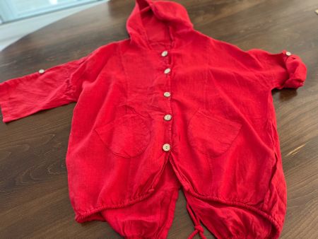 Rote Sommer Leinen - Bluse mit Kapuze, Gr. S/M