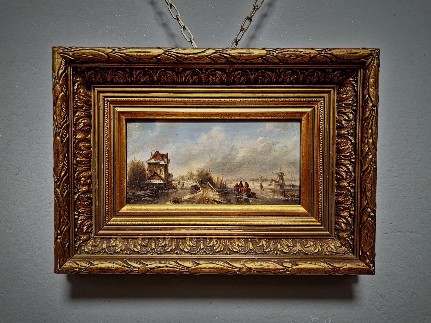 Gemälde: Vintage Winterlandschaft mit Windmühle & Eisläufern, gerahmt – Gebraucht aus Erlinsbach von ZeitlosArt