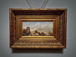 Vintage Winterlandschaft mit Windmühle & Eisläufern, gerahmt