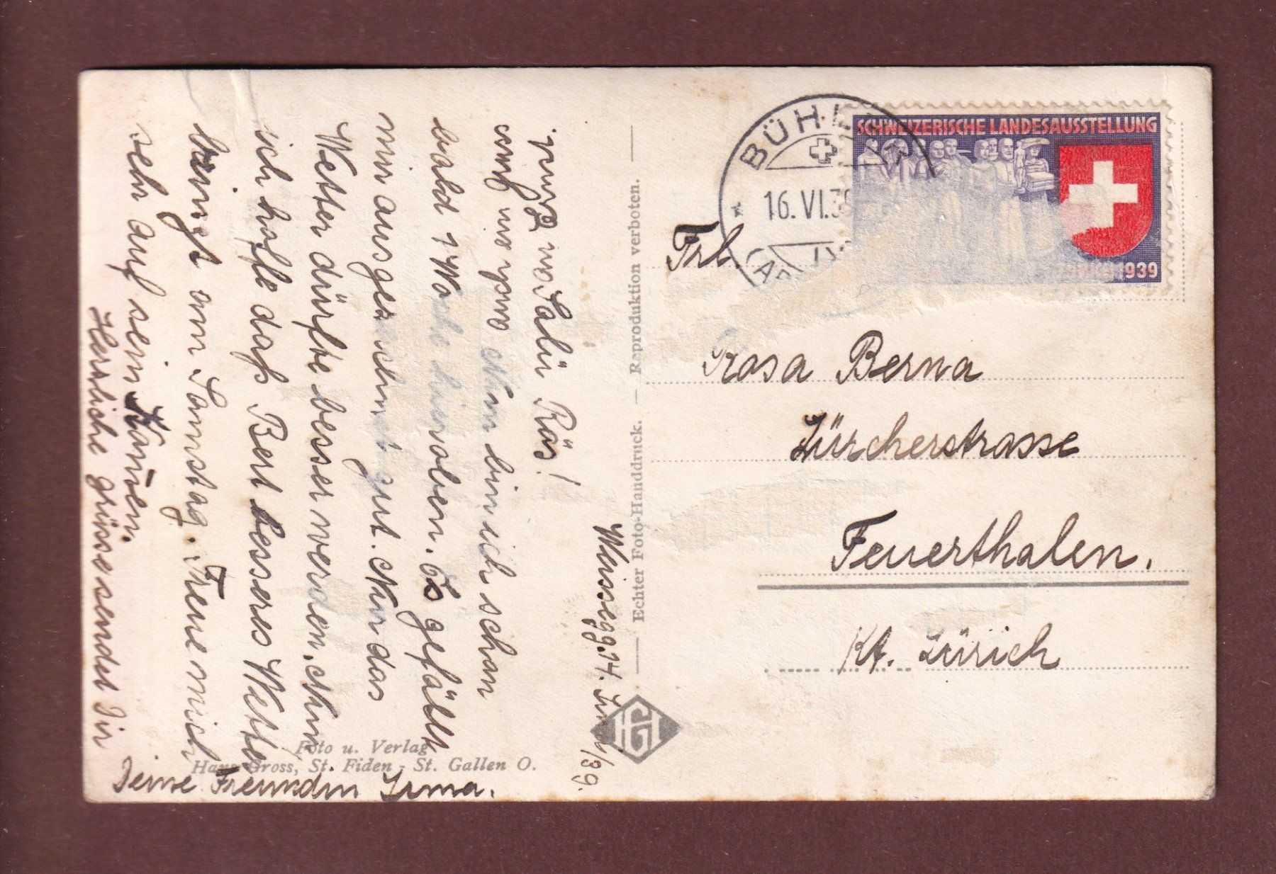 Cartes postales: BÜHLER - 1939 – D'occasion à Pully par nicecards-shop 1