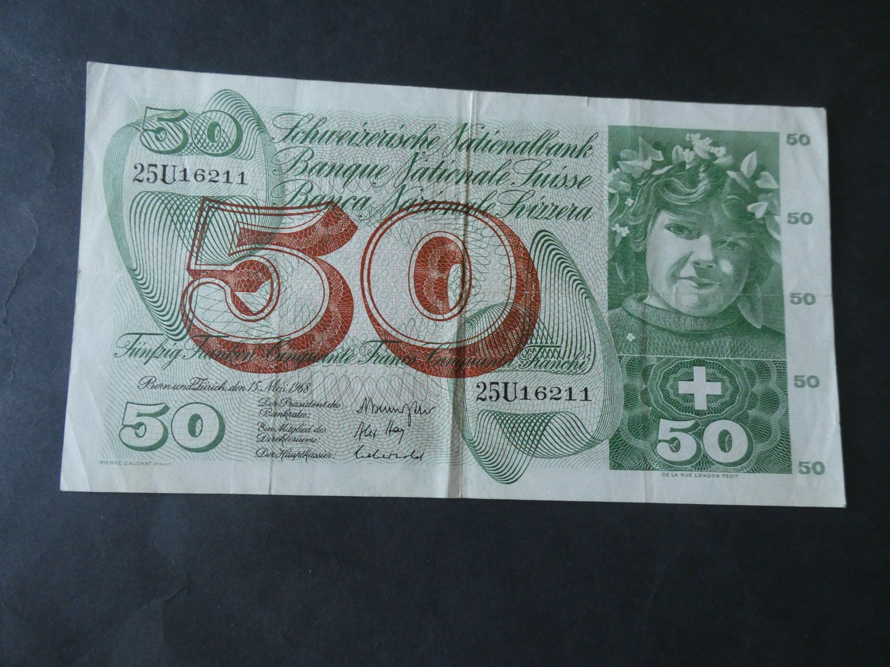 Banknoten: Schweiz 1968, 50 Franken – Gebraucht aus Hinterforst von Rohusri