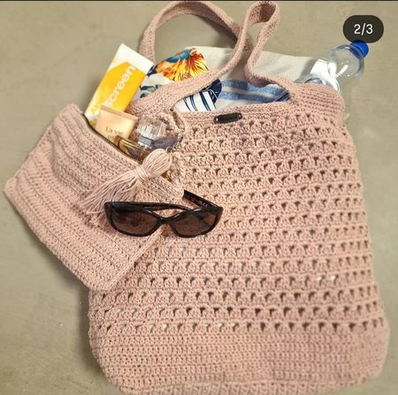 Gehäkelte Strandtasche / Handtasche mit Täschli, Rosa