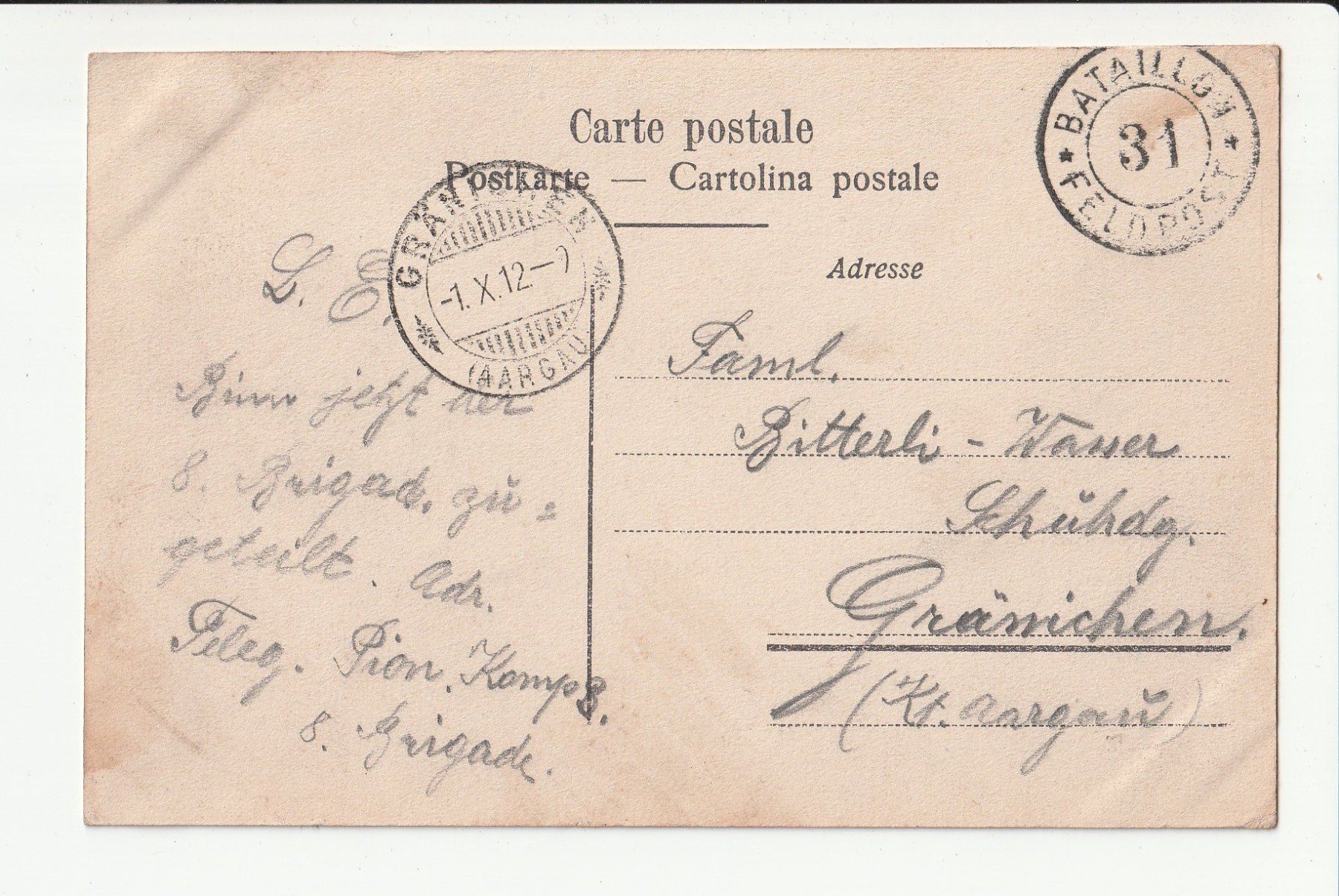 Cartoline postali: Wattenwil Aargau Battalion 31 Feldpost – Usato da Rheineck venduto da rhynegg 1