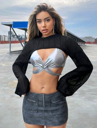 neues Crop Top Langarm, Oberteil, Shirt