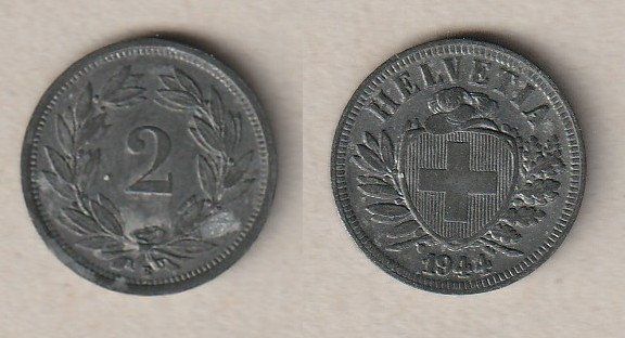 Alle Münzen: 2 Rappen 1944 Zink – Gebraucht aus Allschwil von Coinfreak