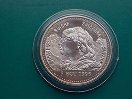 Schweiz 5 ECU 1995 Gedenkmünze Neutralitätsschutz Top!