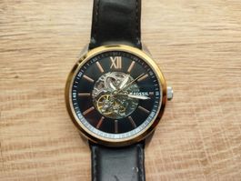 Fossil Automatik Herrenuhr Skelett Lederarmband Gold Schwarz