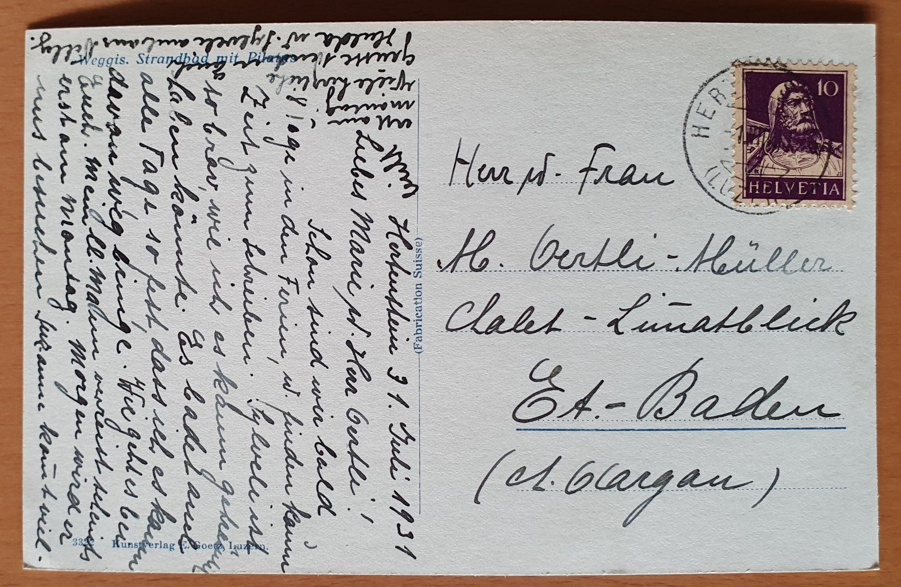 Cartoline postali: Weggis -  Strandbad mit Pilatus 1931 – Usato da Kreuzlingen venduto da Rschweiz1 1