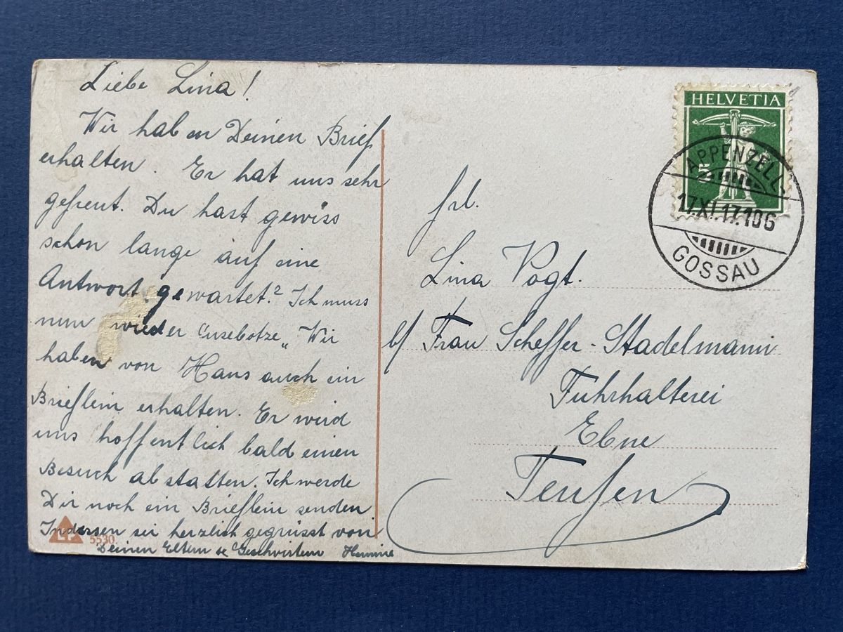 Cartoline postali: Alte Ansichtskarte, Landschaft, 1917 Appenzell Gossau – Usato da Neuhausen am Rheinfall venduto da Arielle55 1