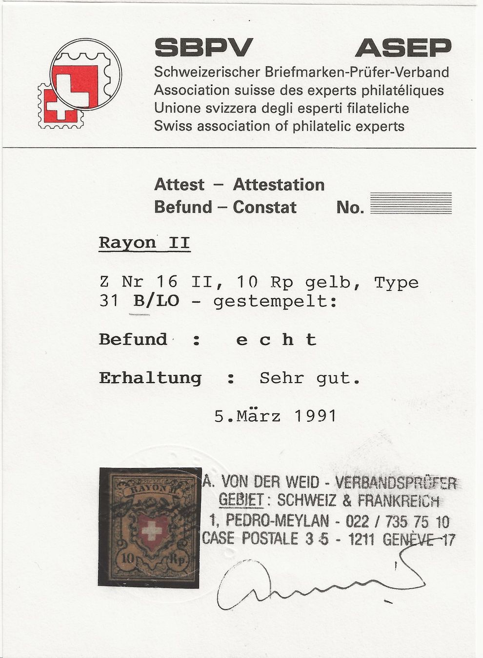 Alle Briefmarken: Rayon II Stein B-LO Type 31 / Fehlerfrei / Attest – Gebraucht aus Zürich von Snoopy74 2