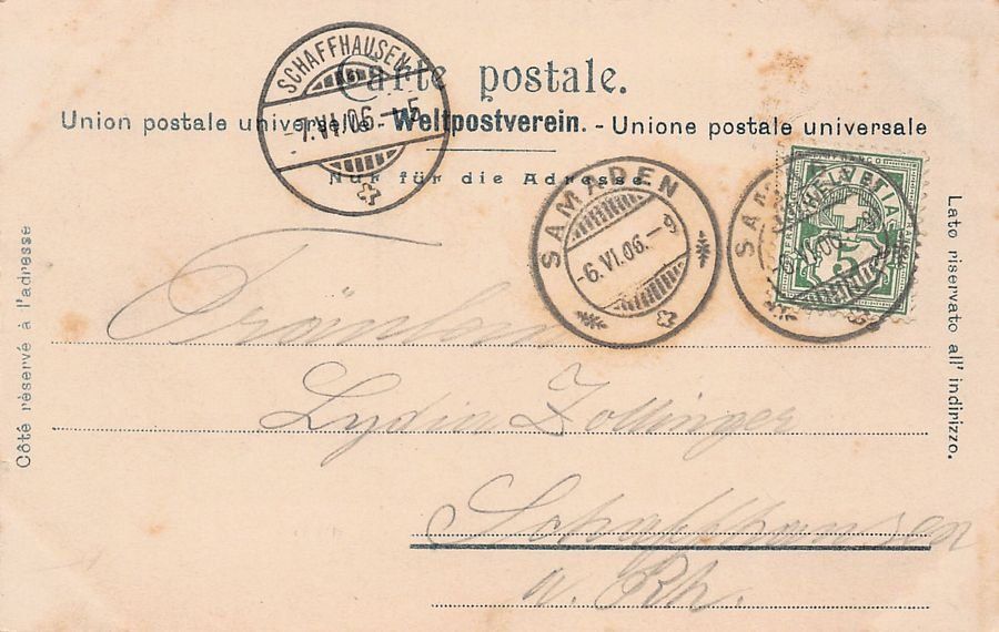 Cartoline postali: Samaden, Kirche St. Peter mit Friedhof, gelaufen 1906 – Usato da Frauenfeld venduto da POML 1