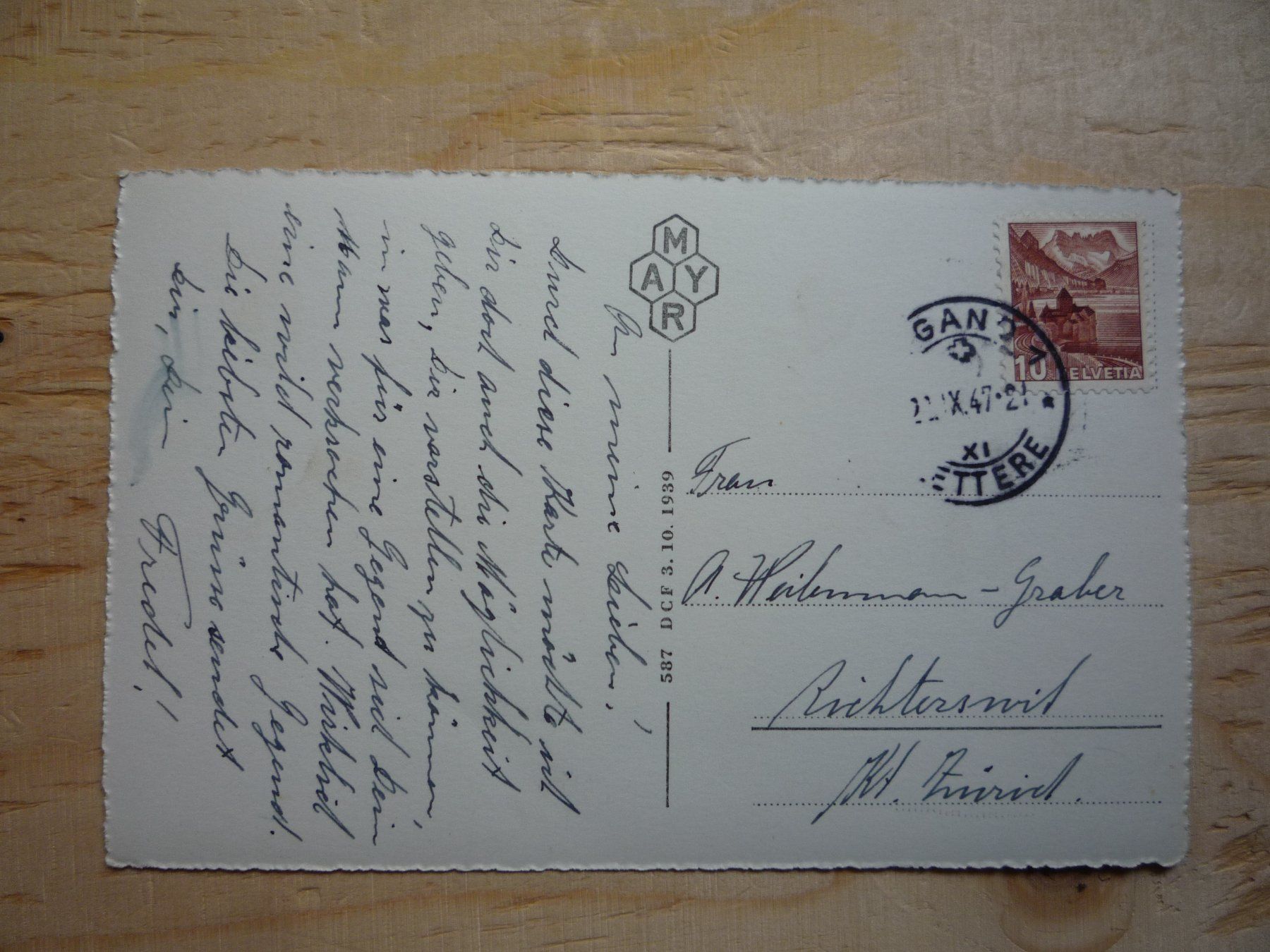 Cartoline postali: Tesserete con Almatro e Cagiallo, 22.IX.47 – Usato da Rieden SG venduto da Brockehuesli 1
