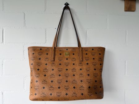 MCM Visetos Medium Anya Top Zip Shopper Tote in Cognac