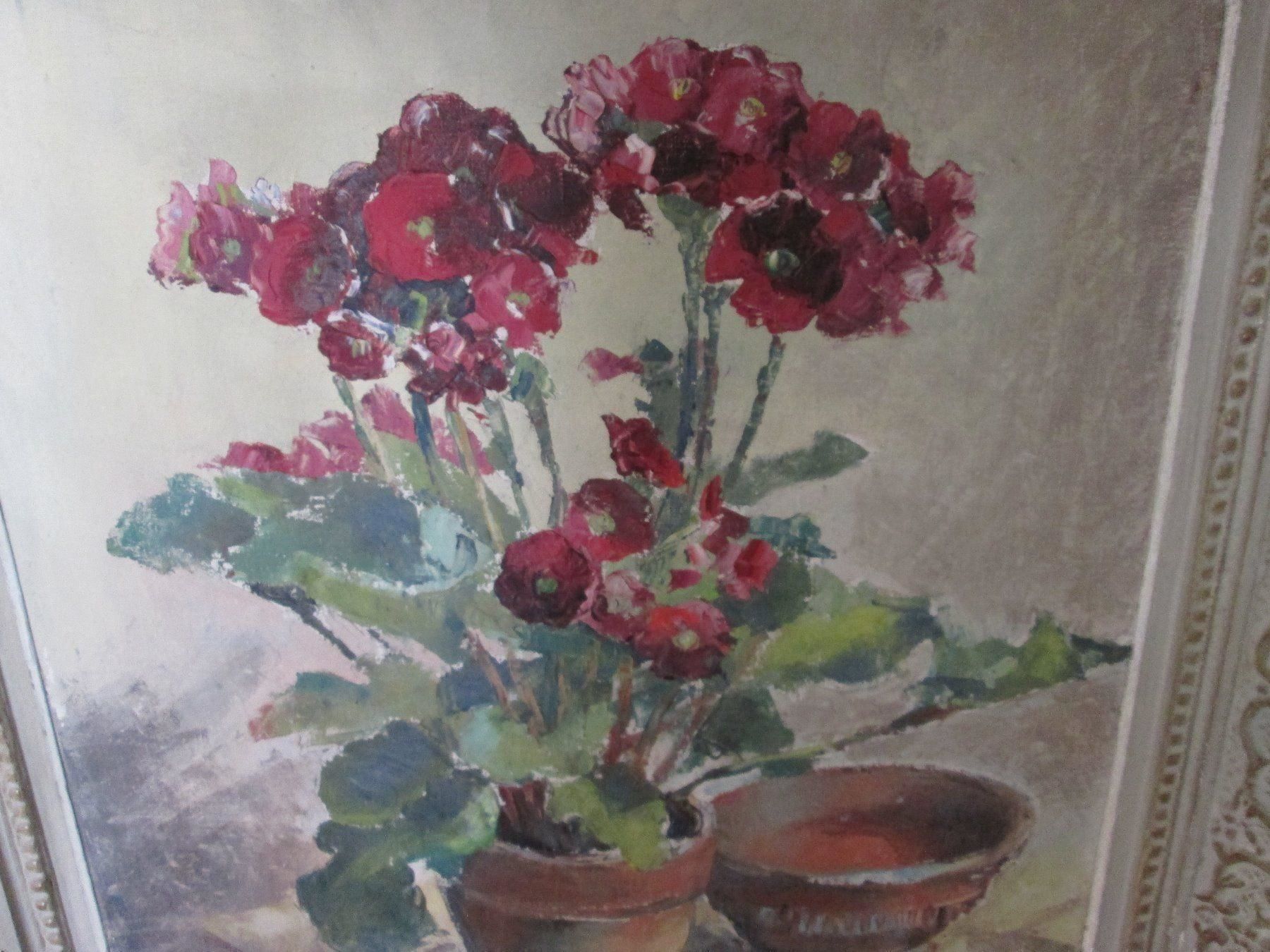 Dipinti: Tableau fleurs rouges, cadre décoratif peint à la main. – Usato da La Chaux-de-Fonds venduto da Marteaux 1