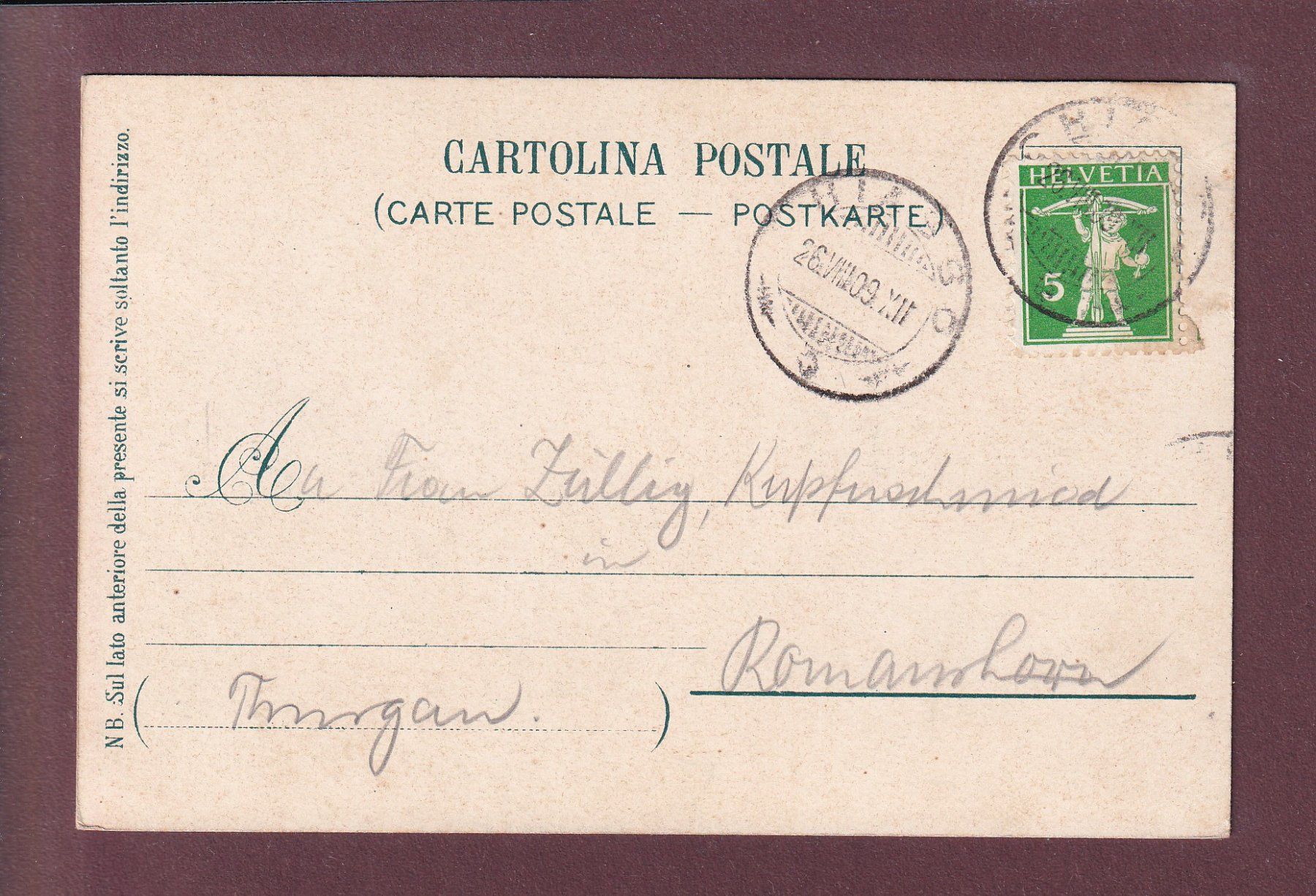 Cartoline postali: Chiesa a ORIA - Vicolo - 1909 – Usato da Pully venduto da nicecards 1