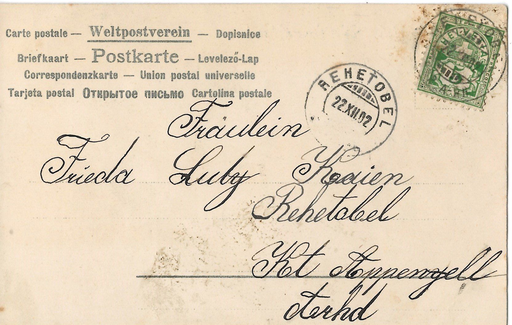 Cartoline postali: Vollstempel Rehetobel AR, 1902 – Usato da Frauenfeld venduto da Merk52