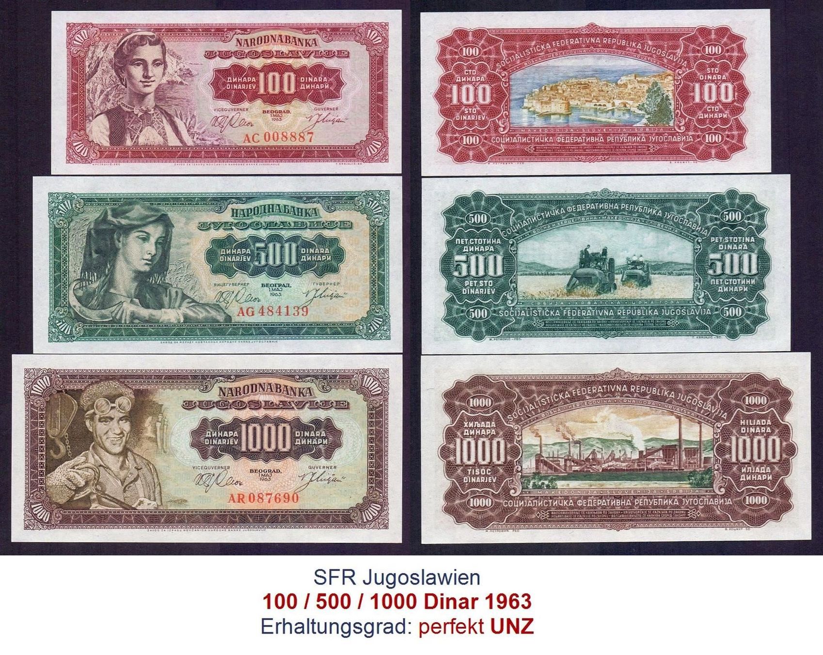 Banconote: 100 / 500 / 1000 Dinar 1963 UNZ – Nuovo (secondo la descrizione) da Flamatt venduto da samowarow