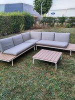 Salon de jardin élégant - métal et bois - coussins tissus