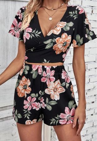 Sommer Set: Blusentop & Shorts Gr. S-M schwarz Floralmuster,